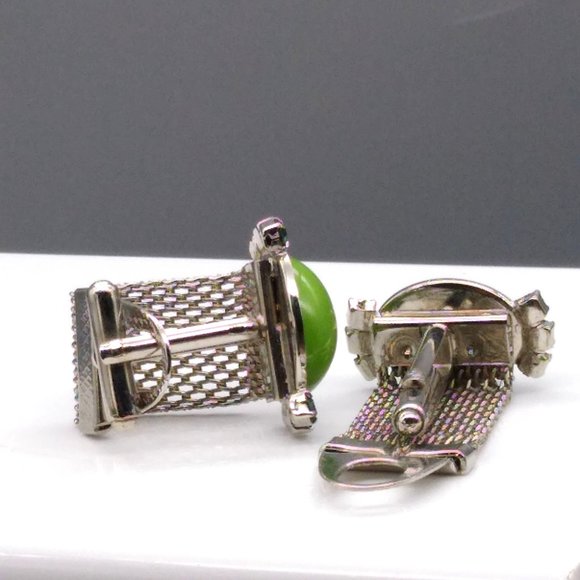 Vintage Wrap Cuff Links, Green Lucite Cabochons flanked by Green Crystals - Picture 3 of 3